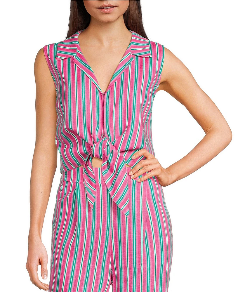 Copper Key Coordinating Stripe Printed Linen Blend Tie Front Tank Top