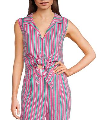 Copper Key Coordinating Stripe Printed Linen Blend Tie Front Tank Top