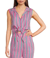 Copper Key Coordinating Stripe Printed Linen Blend Tie Front Tank Top