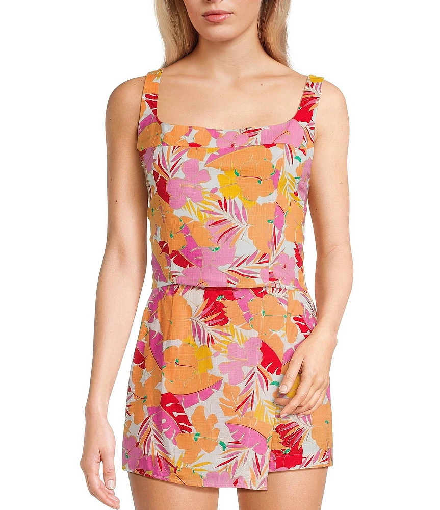 Copper Key Coordinating Woven Tropical Floral Printed Tank Top