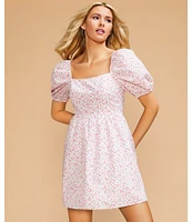 Copper Key Floral Print Square Neck Short Puff Sleeve Smocked Back Dress
