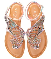 Copper Key Flutter Rainbow Rhinestone Embellished Butterfly Thong Sandals