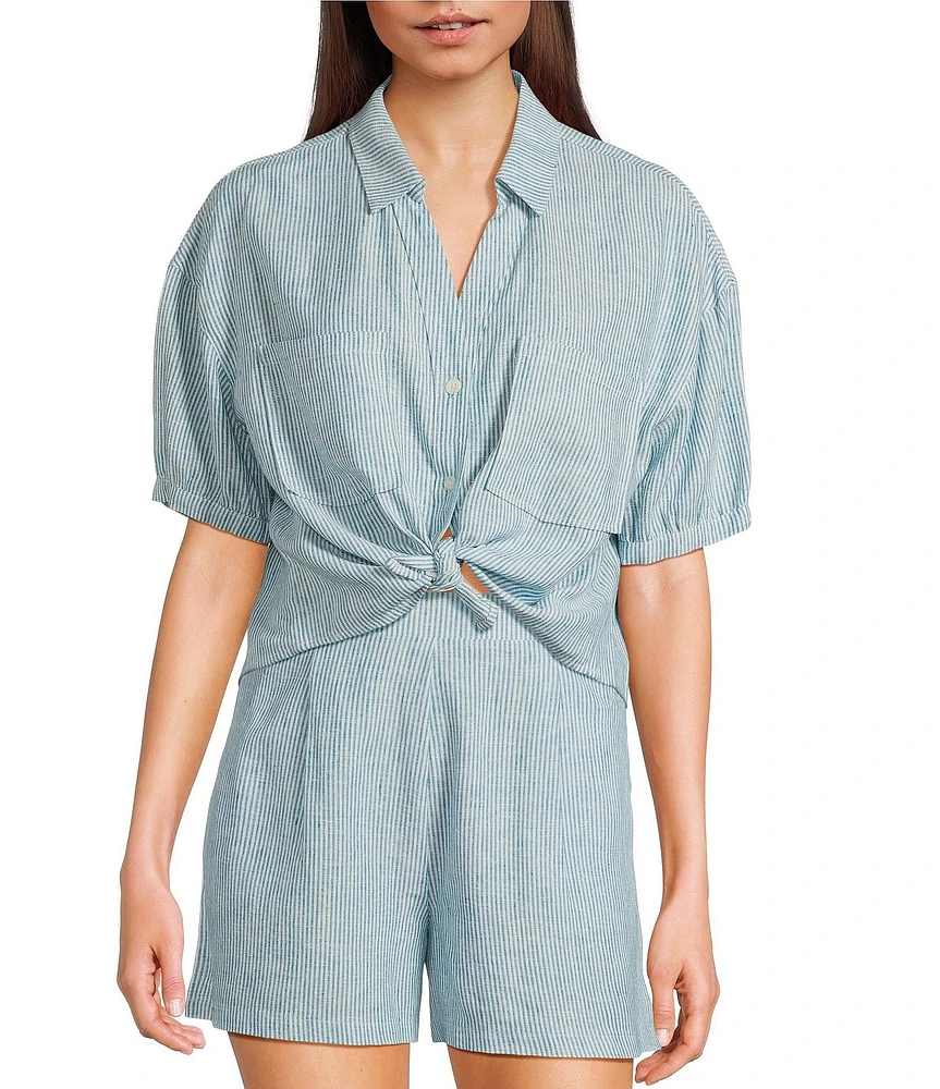 Copper Key Linen Stripe Coordinating Crop Camp Shirt