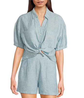 Copper Key Linen Stripe Coordinating Crop Camp Shirt