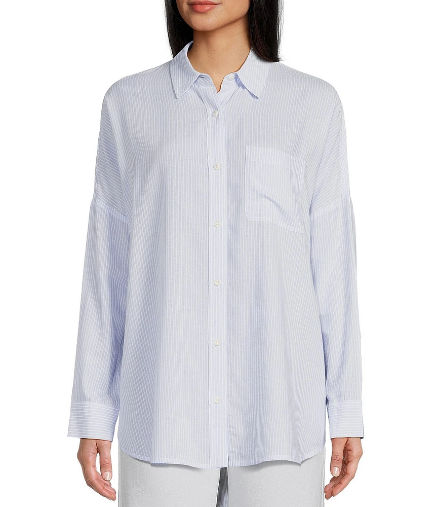 Copper Key Mini Stripe Print Oversized Fit Button-Front Woven Shirt