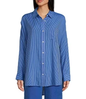 Copper Key Mini Stripe Print Oversized Fit Button-Front Woven Shirt