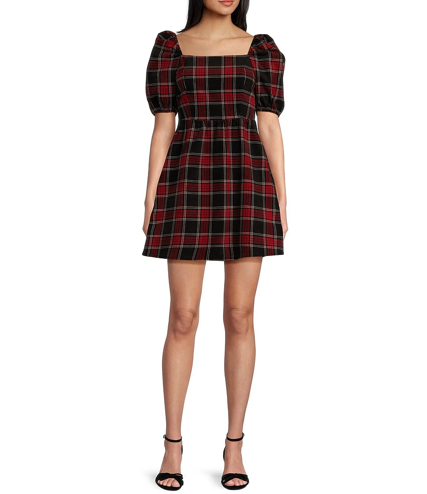 Copper Key Plaid Square Neck Puff Sleeve Dress