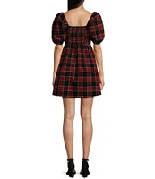 Copper Key Plaid Square Neck Puff Sleeve Dress