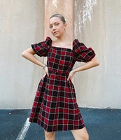 Copper Key Plaid Square Neck Puff Sleeve Dress