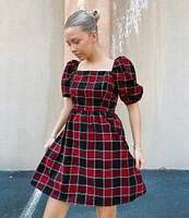 Copper Key Plaid Square Neck Puff Sleeve Dress