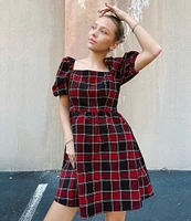 Copper Key Plaid Square Neck Puff Sleeve Dress