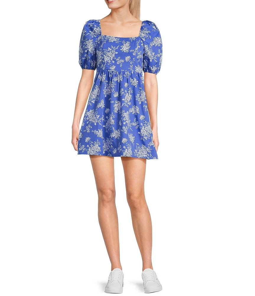 Copper Key Royal Floral Print Square Neck Short Puff Sleeve Smocked Back Dress