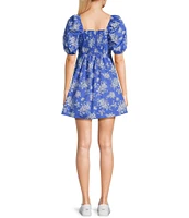 Copper Key Royal Floral Print Square Neck Short Puff Sleeve Smocked Back Dress