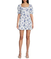 Copper Key Royal Floral Print Square Neck Short Puff Sleeve Smocked Back Dress