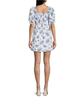 Copper Key Royal Floral Print Square Neck Short Puff Sleeve Smocked Back Dress
