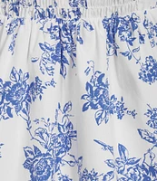 Copper Key Royal Floral Print Square Neck Short Puff Sleeve Smocked Back Dress