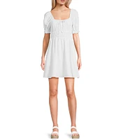 Copper Key Short Puff Sleeve Triple Elastic Waist Dress