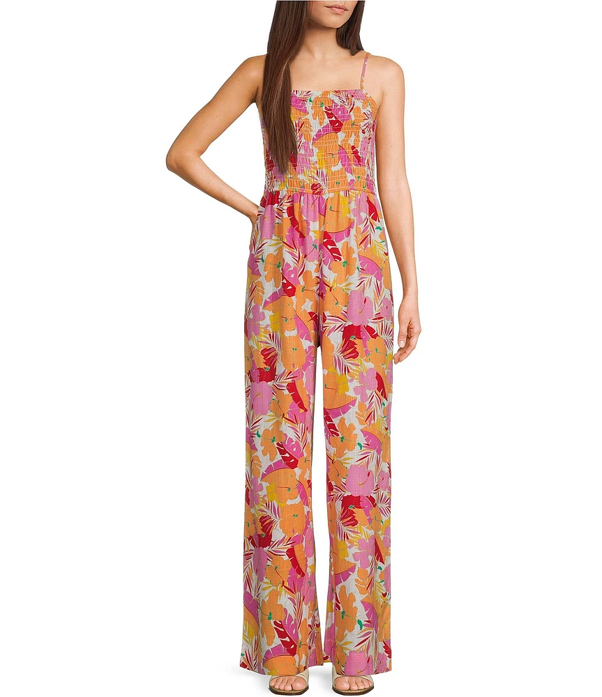 Copper Key Square Neck Tropical Floral Print Smocked Jumpsuit