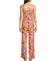 Copper Key Square Neck Tropical Floral Print Smocked Jumpsuit