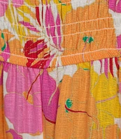 Copper Key Square Neck Tropical Floral Print Smocked Jumpsuit