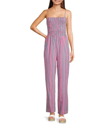 Copper Key Square Neck Stripe Smocked Jumpsuit