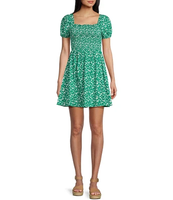 Copper Key Textured Puff Sleeve Smocked Floral Mini Dress
