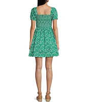 Copper Key Textured Puff Sleeve Smocked Floral Mini Dress