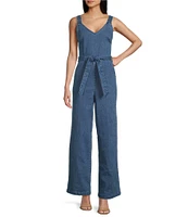 Copper Key Tie Front Wide Leg Denim Jumpsuit