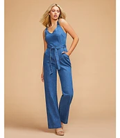Copper Key Tie Front Wide Leg Denim Jumpsuit