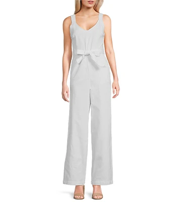 Copper Key Tie Front Wide Leg Denim Jumpsuit