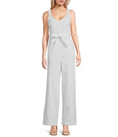 Copper Key Tie Front Wide Leg Denim Jumpsuit