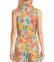 Copper Key Woven Coordinating Floral Printed Sleeveless Tie Front Top