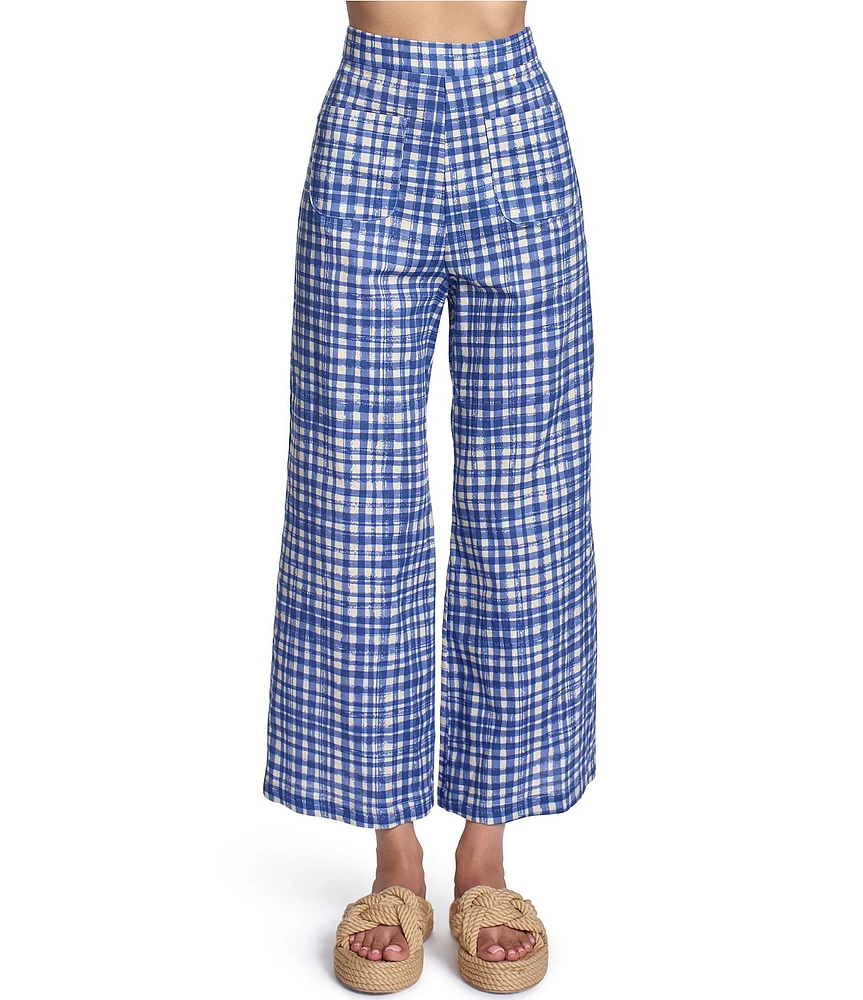 COREY LYNN CALTER Aria Stretch Woven Gingham Plaid Print Flat Front Wide Leg Coordinating Cropped Pants