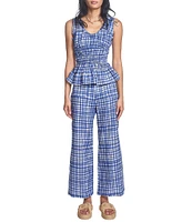 COREY LYNN CALTER Aria Stretch Woven Gingham Plaid Print Flat Front Wide Leg Coordinating Cropped Pants