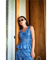 COREY LYNN CALTER Aria Stretch Woven Gingham Plaid Print Flat Front Wide Leg Coordinating Cropped Pants