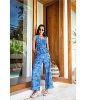 COREY LYNN CALTER Aria Stretch Woven Gingham Plaid Print Flat Front Wide Leg Coordinating Cropped Pants