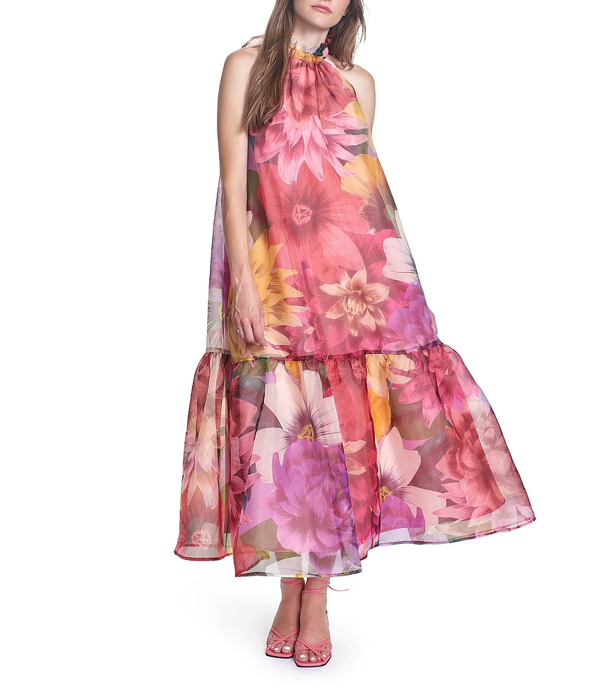 COREY LYNN CALTER Avalon Floral Organza Halter Neck A-Line Ruffle Hem Sleeveless Dress