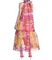 COREY LYNN CALTER Avalon Floral Organza Halter Neck A-Line Ruffle Hem Sleeveless Dress