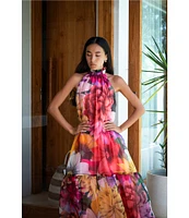 COREY LYNN CALTER Avalon Floral Organza Halter Neck A-Line Ruffle Hem Sleeveless Dress