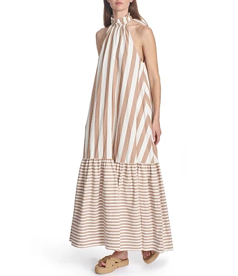 COREY LYNN CALTER Avalon Woven Contrast Stripe Halter Neck Sleeveless Maxi Dress