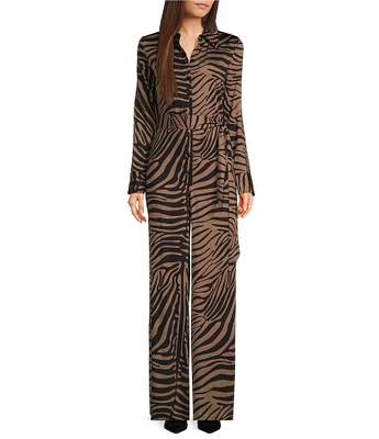 COREY LYNN CALTER Calista Dull Satin Zebra Print Round Neck Button Front Long Sleeve Wide Leg Jumpsuit