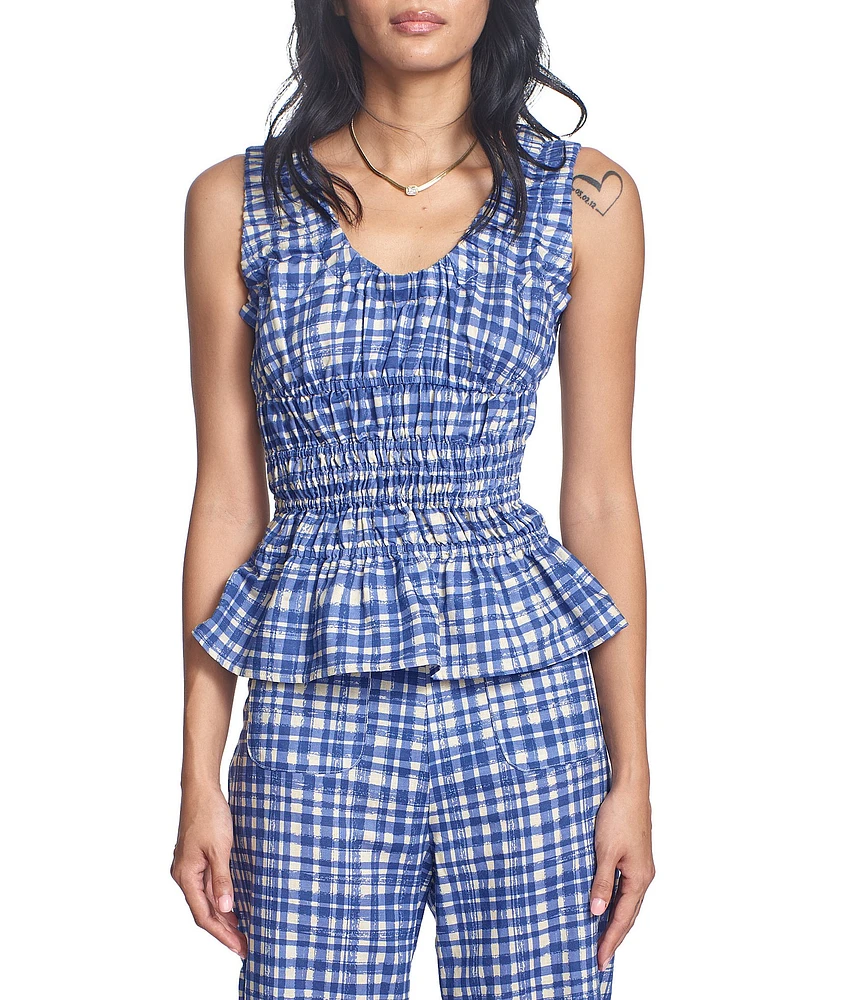 COREY LYNN CALTER Coordinating Chelsea Gingham Plaid Print Scoop Neck Sleeveless Peplum Top