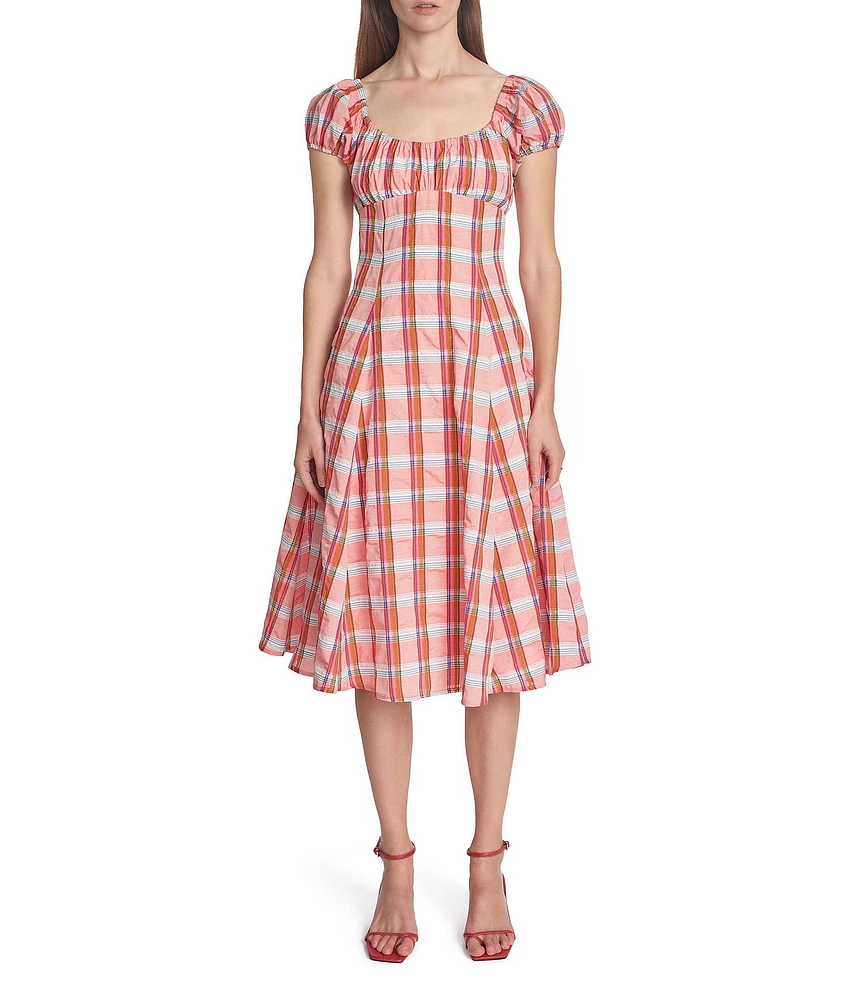 COREY LYNN CALTER Cordelia Plaid Print Square Neck Short Puff Sleeve Dress