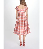 COREY LYNN CALTER Cordelia Plaid Print Square Neck Short Puff Sleeve Dress