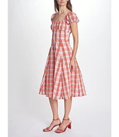 COREY LYNN CALTER Cordelia Plaid Print Square Neck Short Puff Sleeve Dress