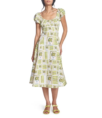 COREY LYNN CALTER Cordelia Printed Linen Blend Scop Neck Cap Puff Sleeve Midi Dress