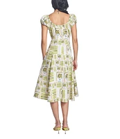 COREY LYNN CALTER Cordelia Printed Linen Blend Scop Neck Cap Puff Sleeve Midi Dress