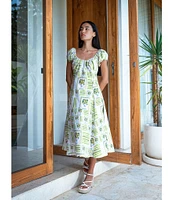 COREY LYNN CALTER Cordelia Printed Linen Blend Scop Neck Cap Puff Sleeve Midi Dress