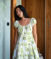 COREY LYNN CALTER Cordelia Printed Linen Blend Scop Neck Cap Puff Sleeve Midi Dress