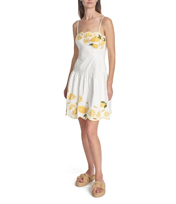 COREY LYNN CALTER Destiny Stretch Cotton Lemon Fruit Embroidery Scallop Dress